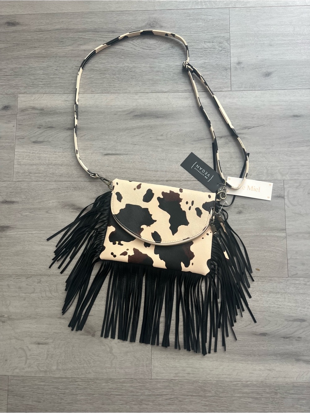 Fringed Cow-Print Crossbody Bag - Black & Cream